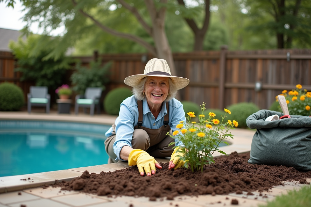 Femme retraitée plantant des arbustes dans une piscine vidée