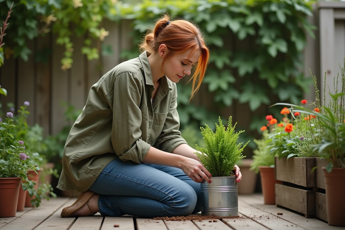 Femme rempotant des plantes en contenants recyclés sur une petite terrasse en bois avec treillis fleuri
