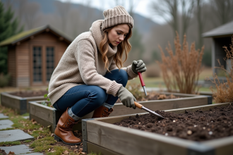 Femme en pull laine et bottes de jardinage en train de retourner la terre