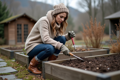 Femme en pull laine et bottes de jardinage en train de retourner la terre
