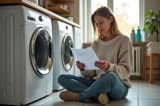Femme lisant un manuel près d'une machine à laver moderne