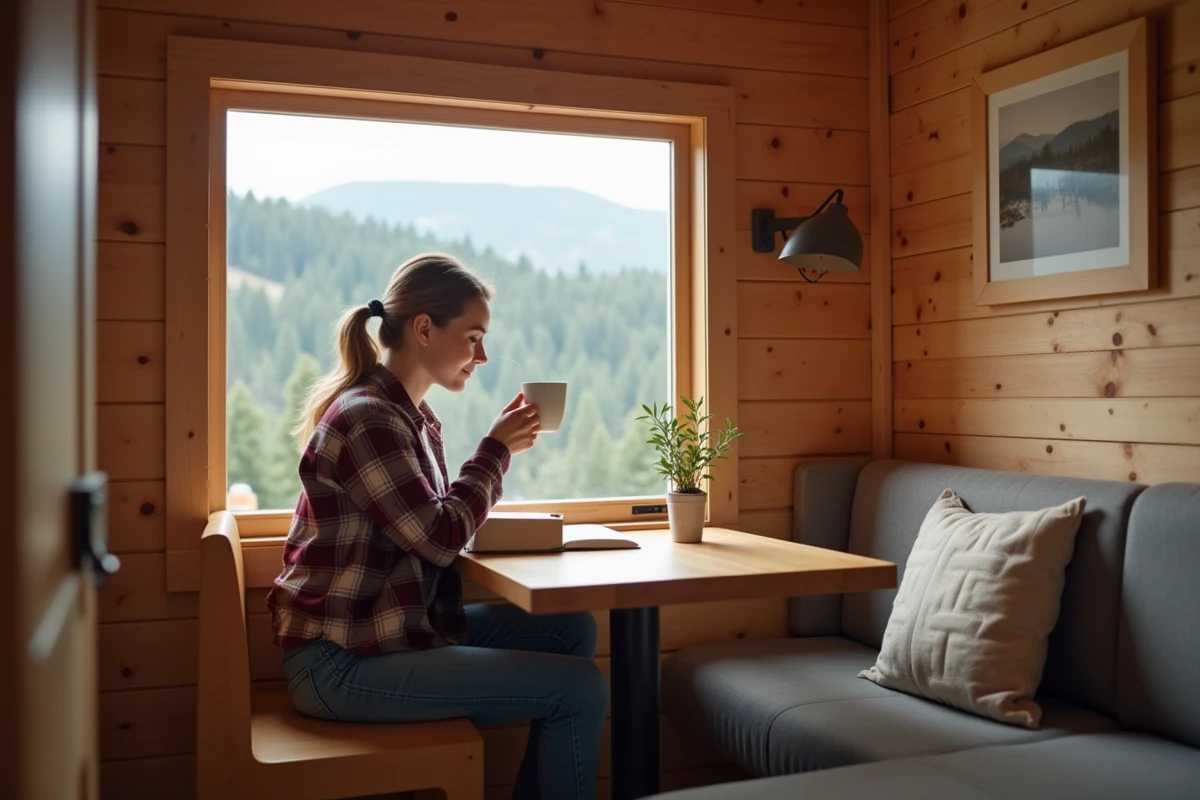 Femme lisant dans un chalet chaleureux