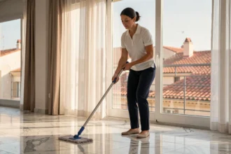 Femme de ménage professionnelle nettoyant le sol d'un appartement moderne à Nice