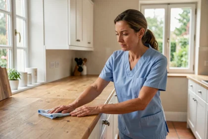 Femme de ménage professionnelle en uniforme bleu nettoyant un plan de travail en bois dans une cuisine moderne à Périgueux