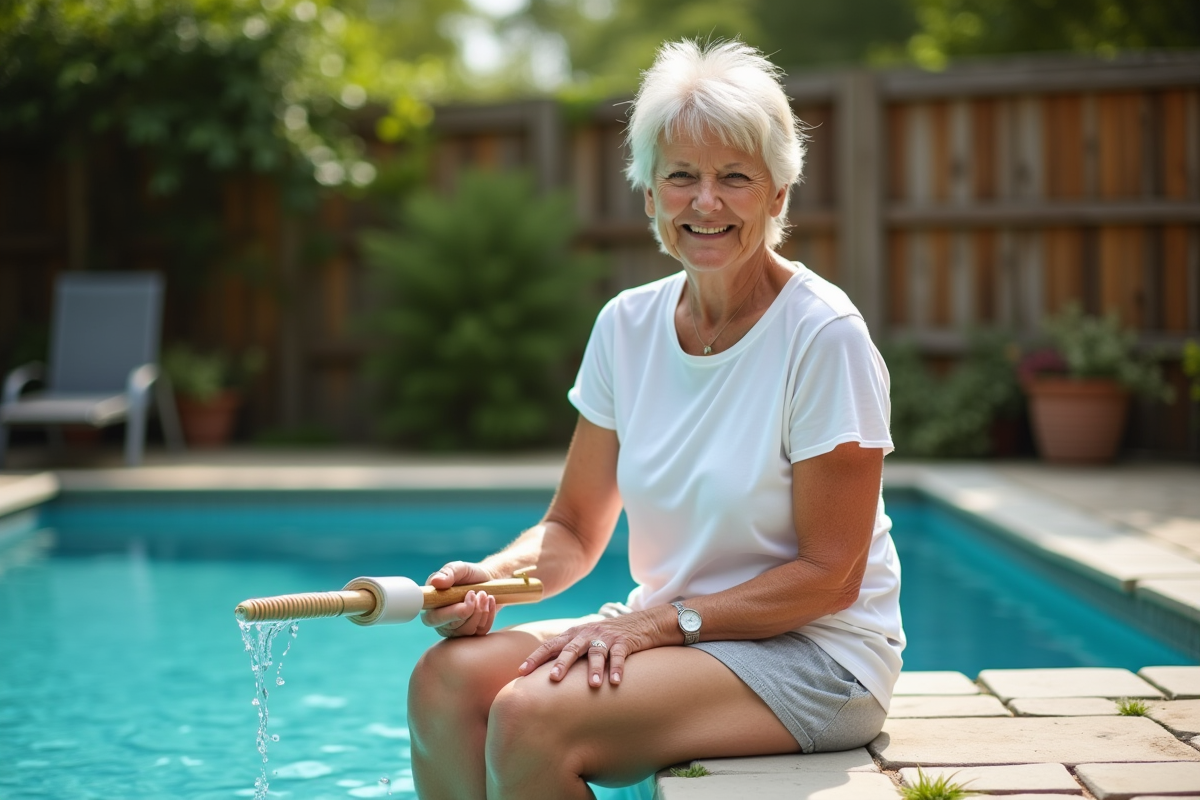 Femme d'âge moyen nettoyant la piscine avec un épuisette