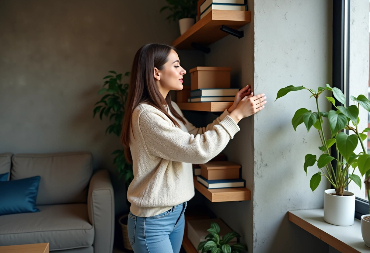Jeune femme organisant des livres sur une étagère murale