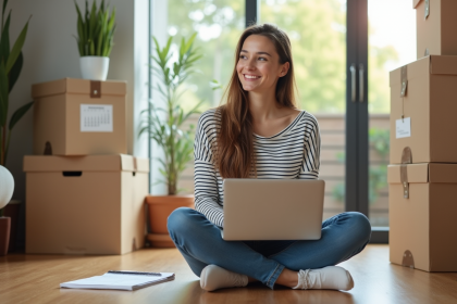 Femme souriante organisant son déménagement dans un salon moderne