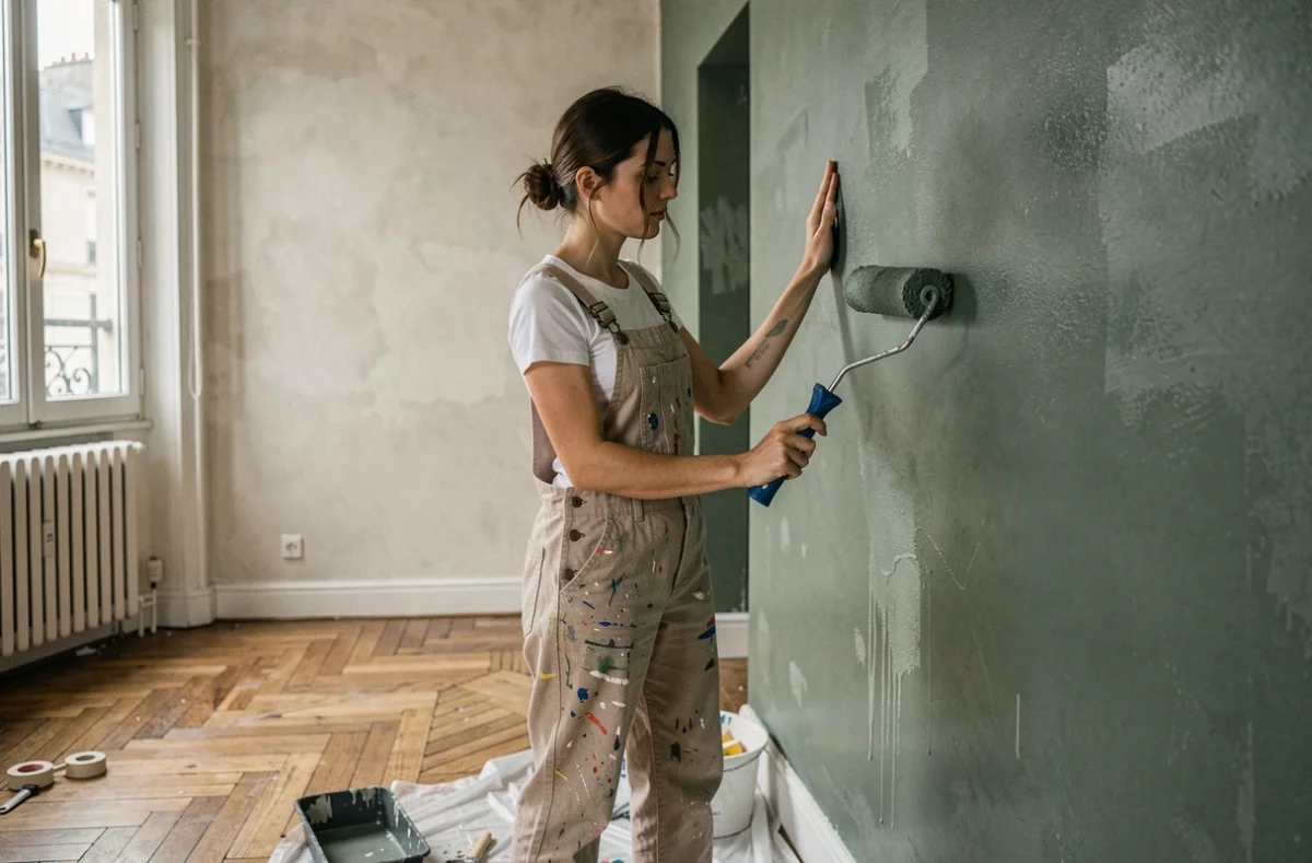 Femme appliquant une peinture vert sauge sur un mur de salon lors d'une rénovation intérieure dans un appartement parisien