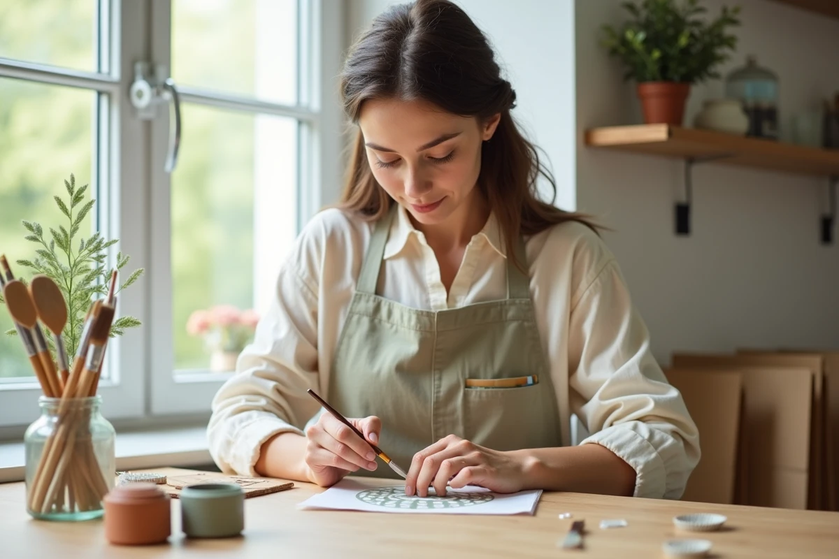 Jeune femme artisane peignant un motif géométrique sur un petit sac en kraft dans un atelier scandinave lumineux