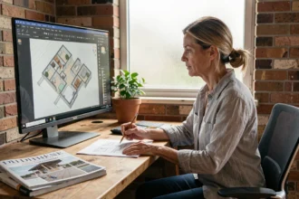 Femme utilisant un logiciel de plan 3D gratuit sur ordinateur pour planifier la rénovation de son intérieur