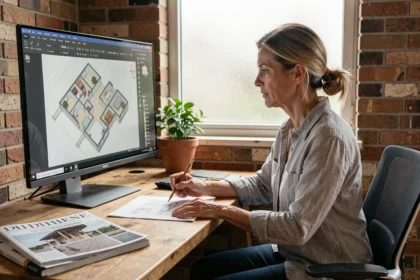 Femme utilisant un logiciel de plan 3D gratuit sur ordinateur pour planifier la rénovation de son intérieur
