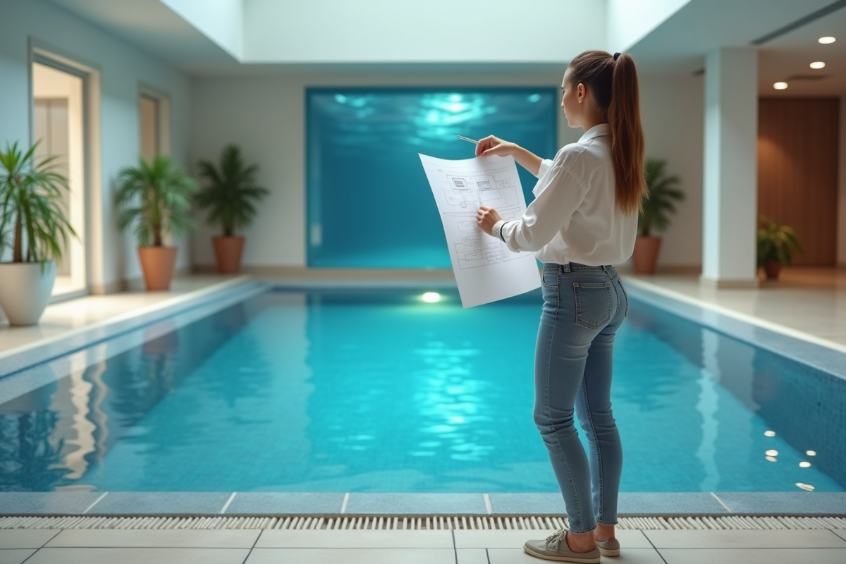 Jeune femme étudiant un plan de piscine intérieure moderne
