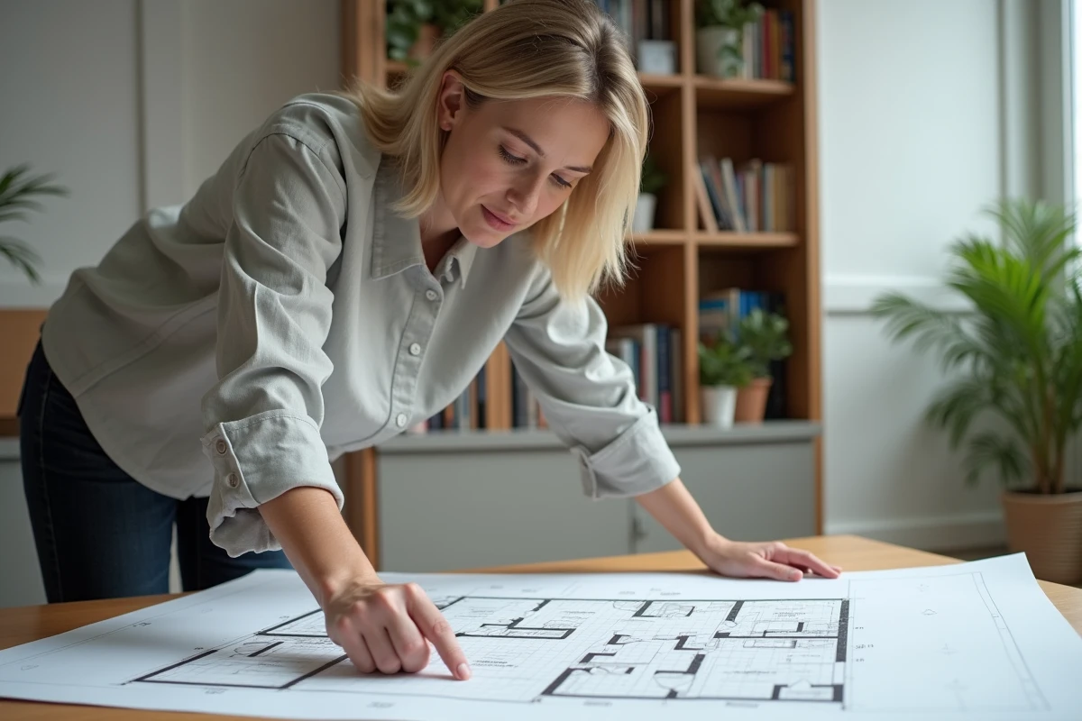 Femme étudiant un plan de maison imprimé sur un bureau en bois dans un bureau à domicile organisé