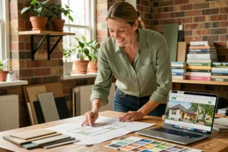 Femme consultant des plans de rénovation durable sur une table de travail avec des échantillons de matériaux écologiques