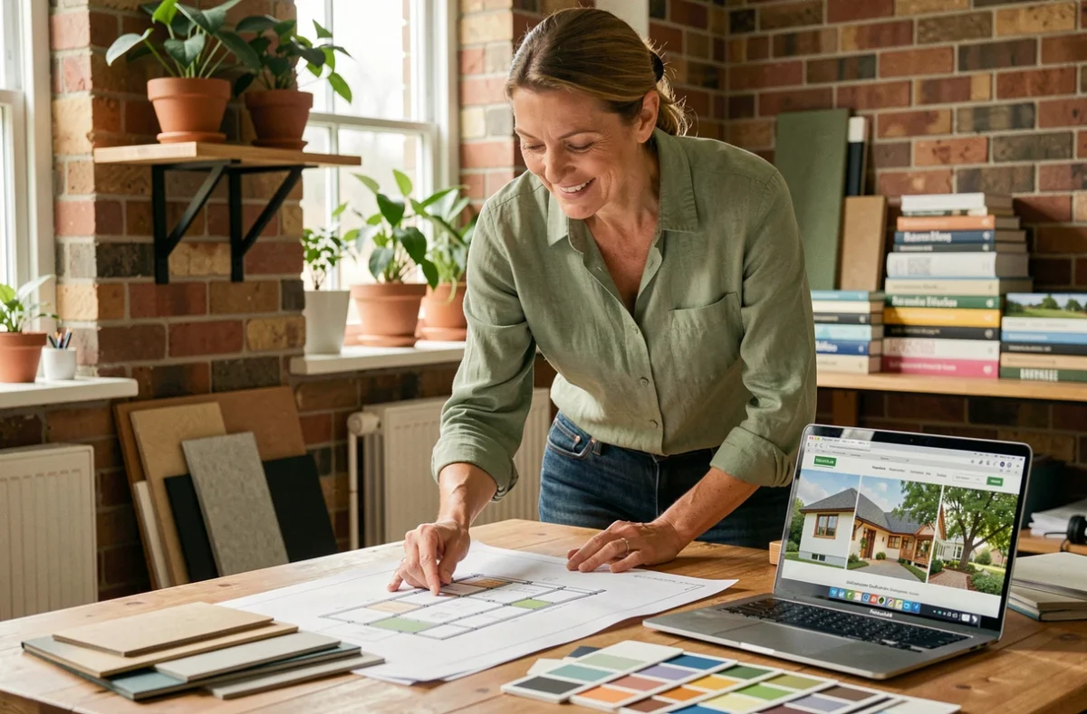 Femme consultant des plans de rénovation durable sur une table de travail avec des échantillons de matériaux écologiques