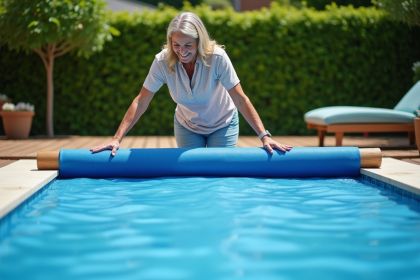 Femme posant la couverture de piscine dans un jardin moderne