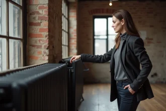 Femme élégante examinant un radiateur en loft industriel