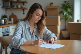Femme concentrée remplissant un formulaire d'annulation à la maison