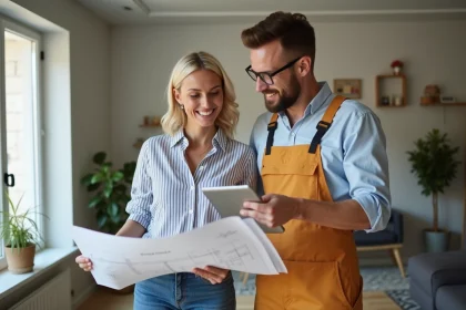 Femme souriante discutant de rénovation avec un professionnel