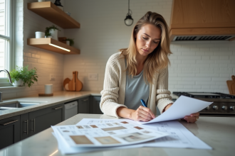 Femme examinant des plans de rénovation dans une cuisine moderne