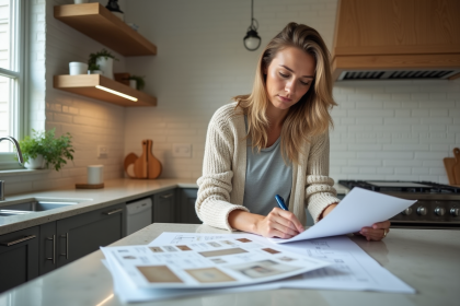 Femme examinant des plans de rénovation dans une cuisine moderne