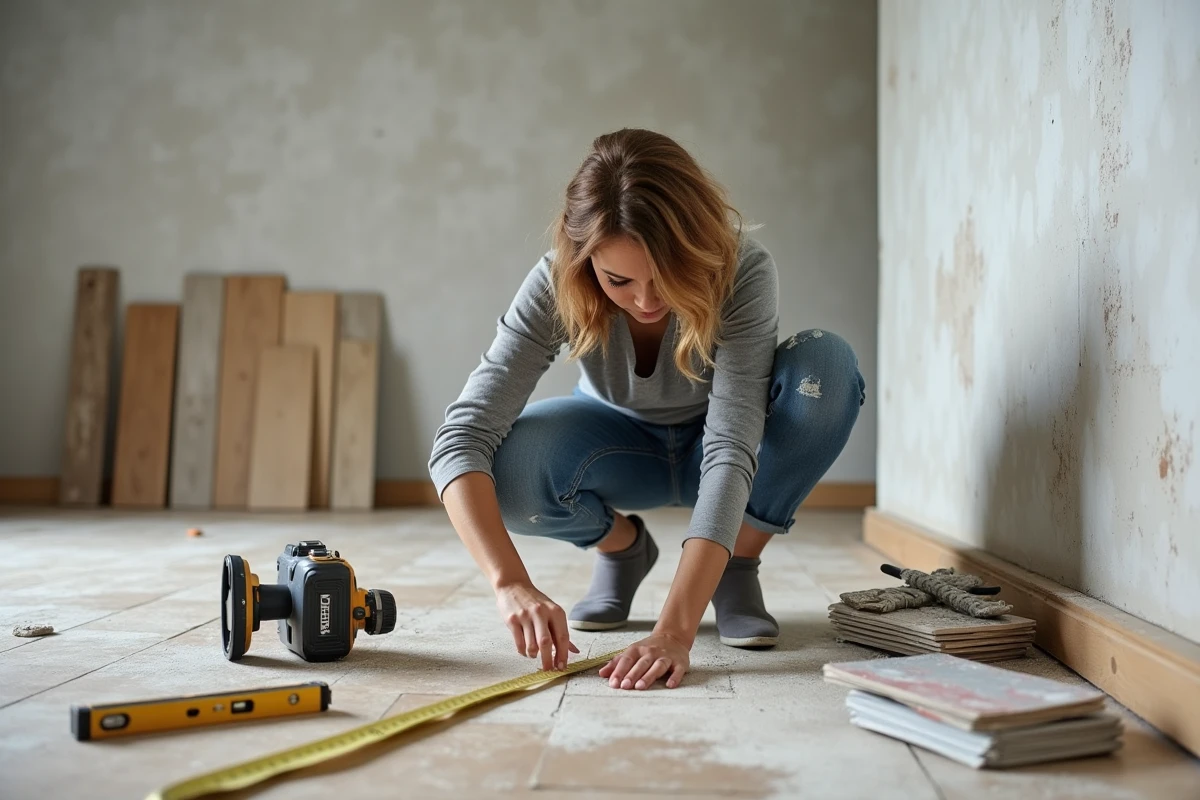 Femme bricolant lors d'une rénovation intérieure, mesurant une plinthe avec des outils professionnels éparpillés autour d'elle