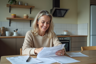 Femme souriante vérifiant factures de rénovation dans sa cuisine