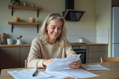 Femme souriante vérifiant factures de rénovation dans sa cuisine