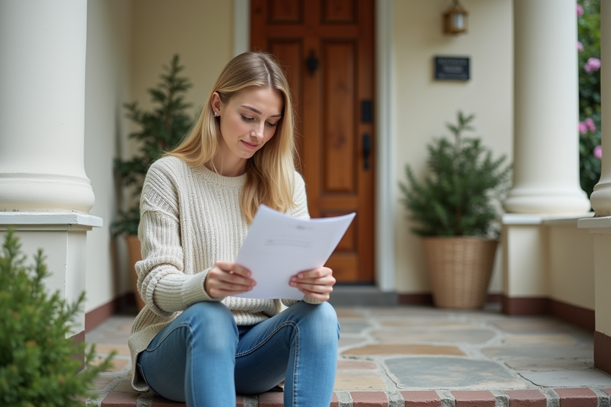 Femme posant devant sa maison renovée en lisant une facture