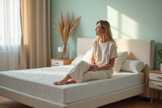 Femme assise sur un matelas en loungewear détendu