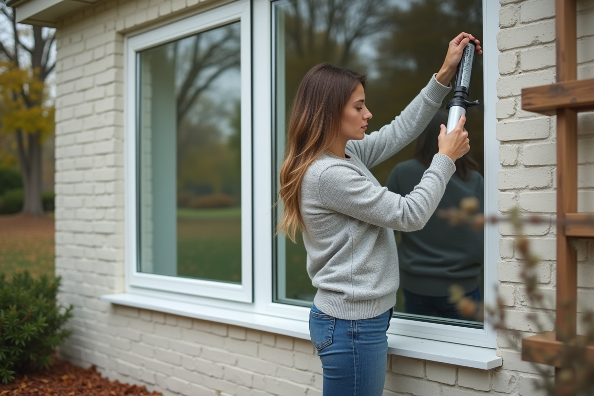Femme posant du calfeutrage sur une fenêtre extérieure