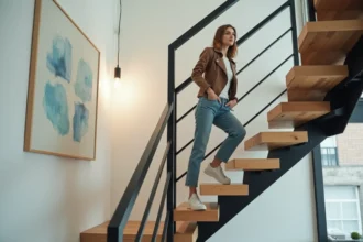 Jeune femme dans un appartement lumineux avec escalier moderne