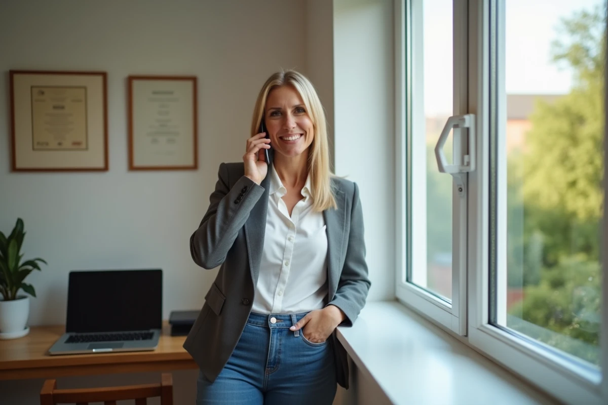 Femme utilisant son téléphone près d'un capteur d'alarme télésurveillance Homiris à domicile