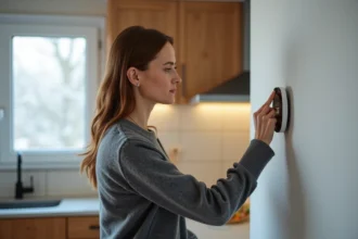 Femme ajustant un thermostat connecté dans une cuisine moderne pour réduire la facture de chauffage