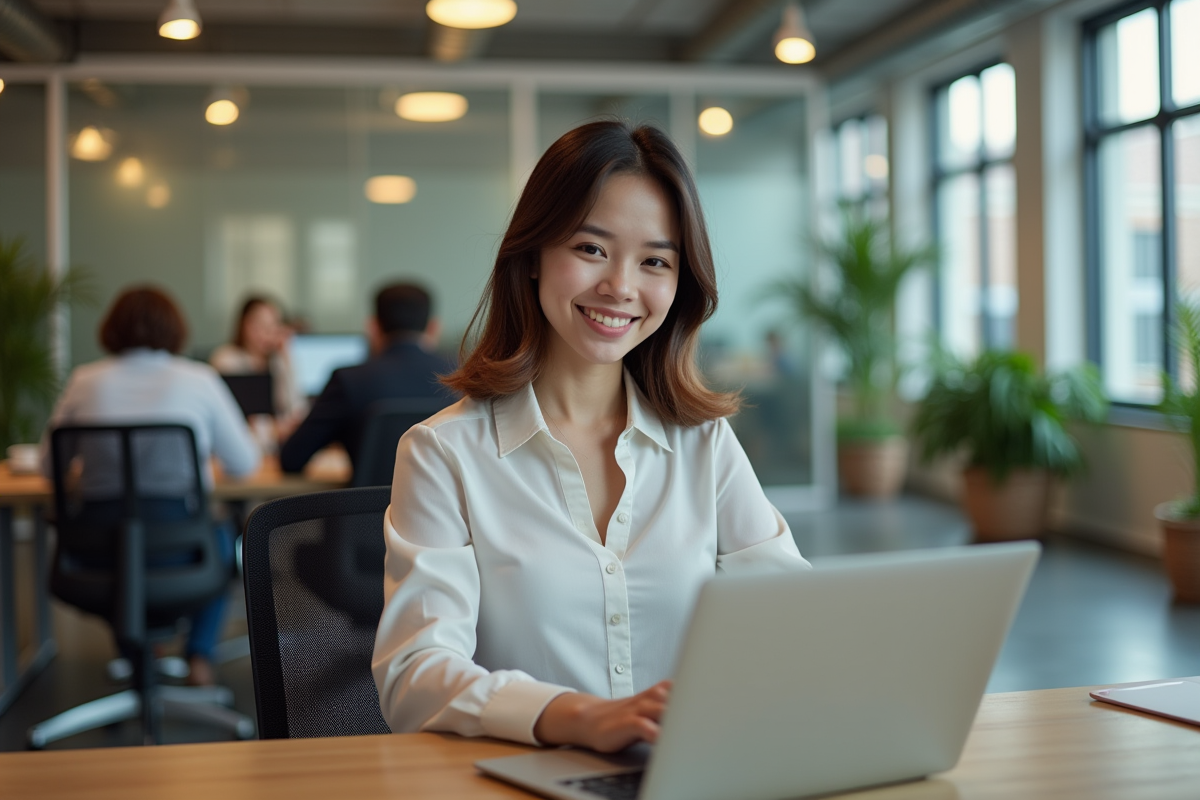 Jeune femme souriante dans un espace de coworking lumineux