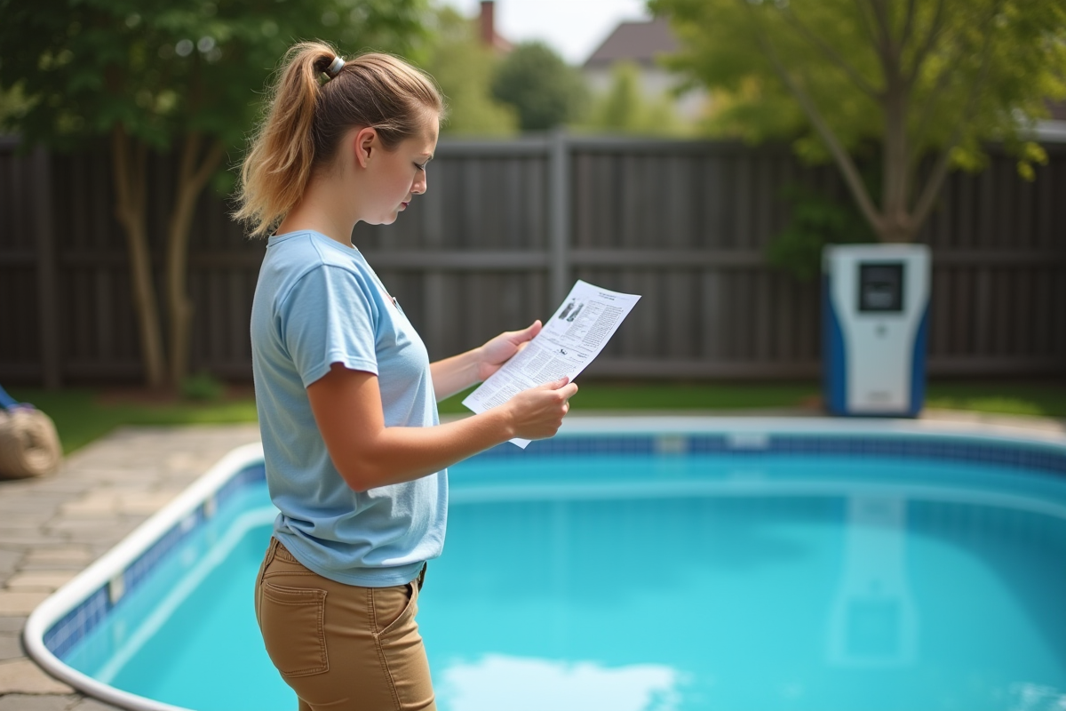 Femme contrôlant le panneau de chauffage de la piscine