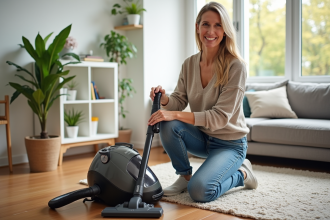 Femme souriante vidant un aspirateur moderne dans le salon