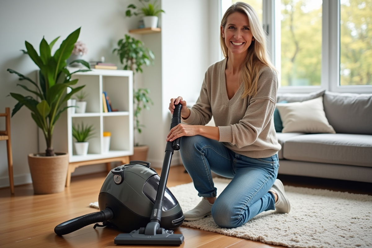 Femme souriante vidant un aspirateur moderne dans le salon
