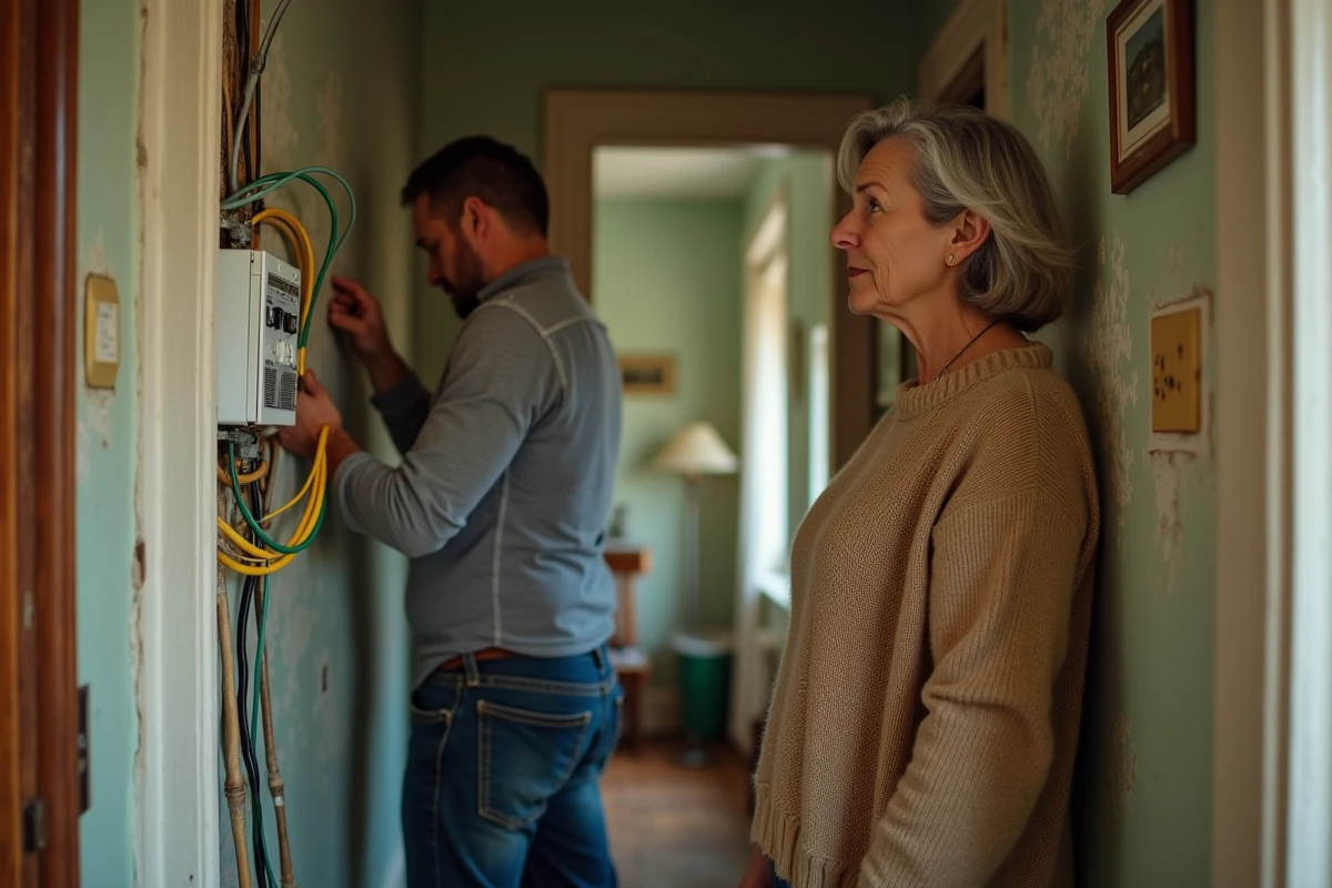 Femme observant un technicien connectant un fil de terre dans sa maison ancienne