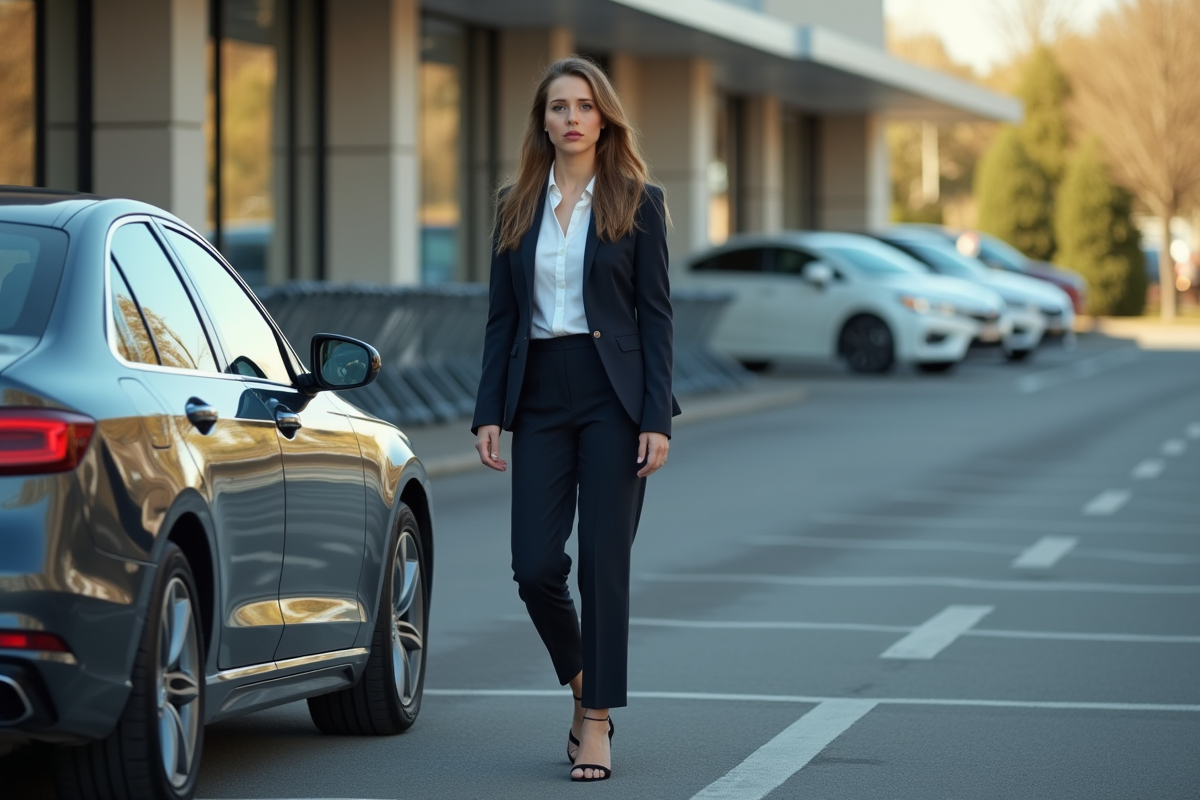 Femme préoccupée à côté de sa voiture en parking retail