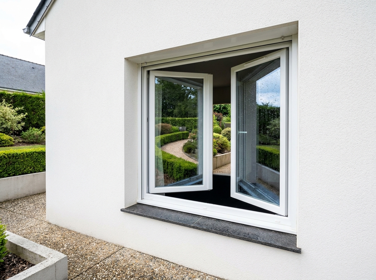 Fenêtre PVC double vantail installée sur une maison contemporaine avec jardin au Mans