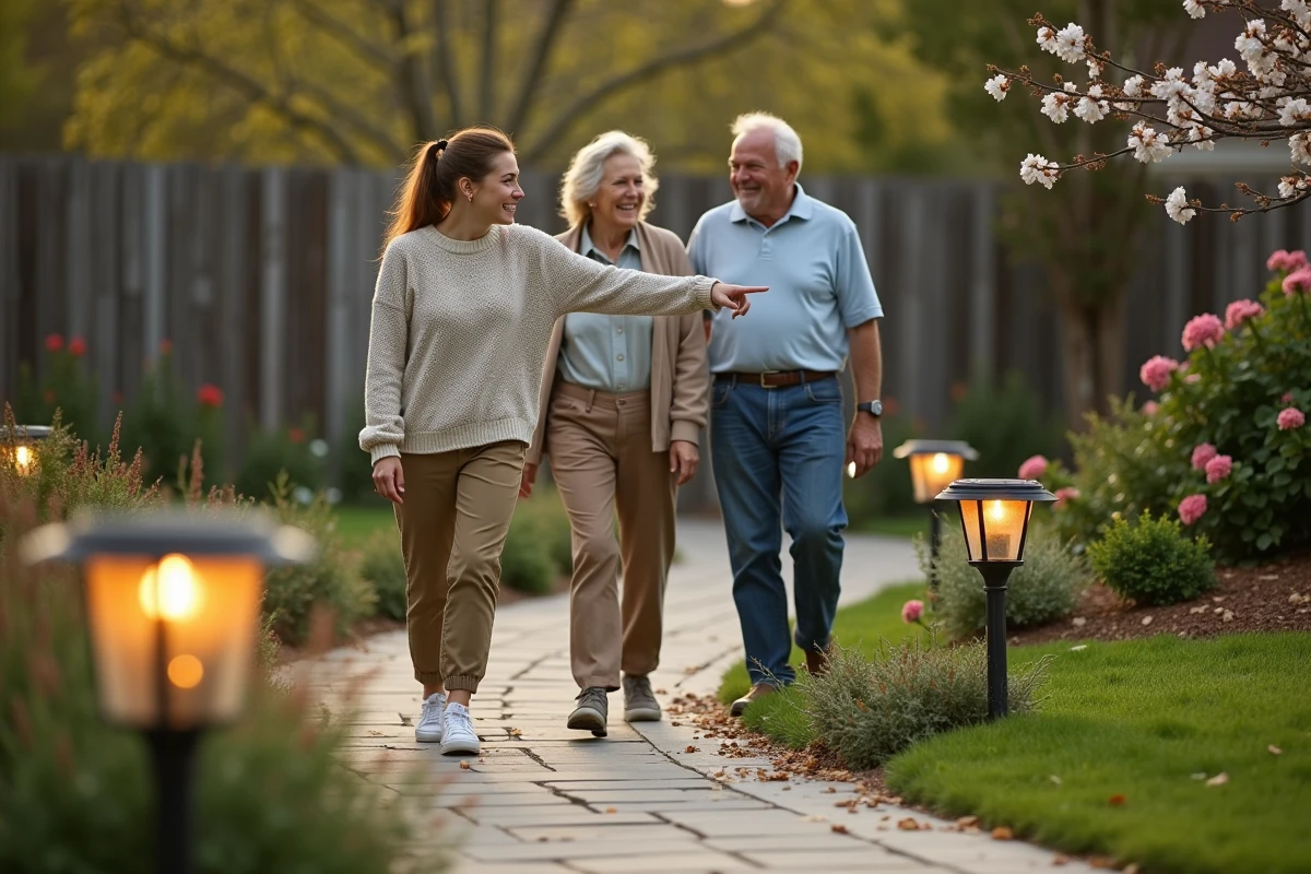 Jeune femme montrant des lampes de jardin à un couple dans le jardin