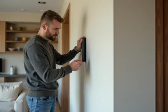Homme en jeans fixant un support TV dans un salon moderne