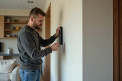 Homme en jeans fixant un support TV dans un salon moderne