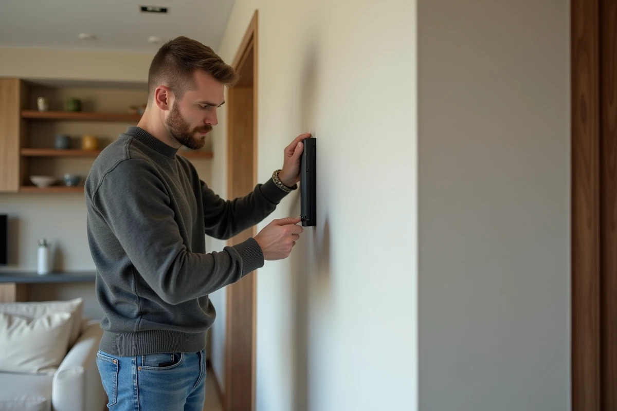 Homme en jeans fixant un support TV dans un salon moderne