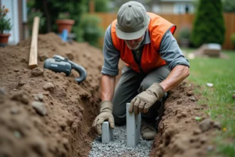 Maçon posant les fondations d'un mur de clôture en béton avec des armatures en acier dans une tranchée de jardin