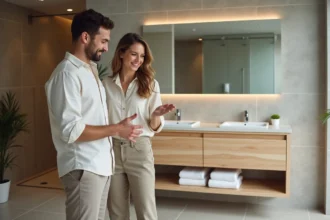 meuble double vasque en bois dans une salle de bain moderne