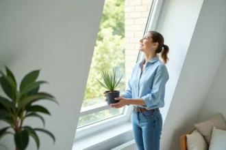Lumière naturelle entrant par un Velux dans un intérieur chaleureux