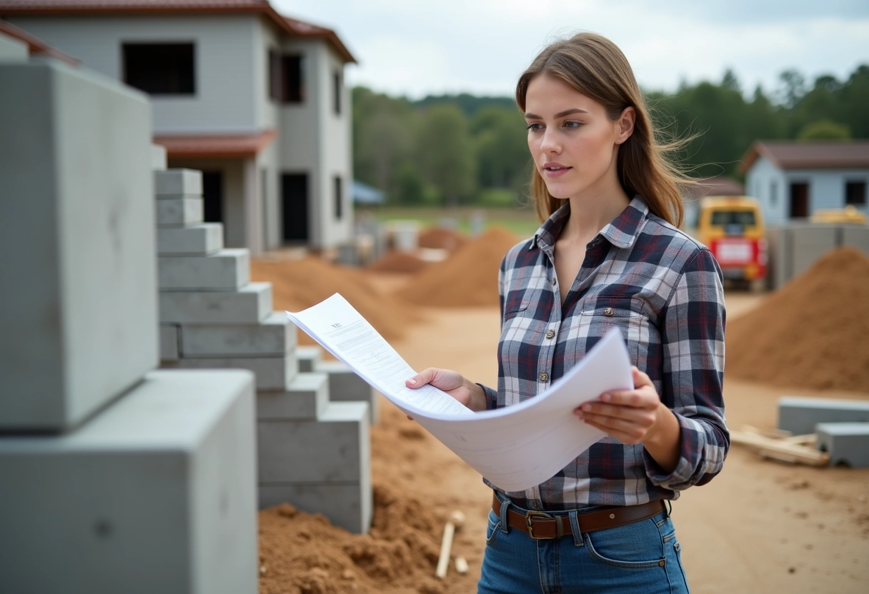 Jeune femme gestionnaire de chantier avec plans et matériaux