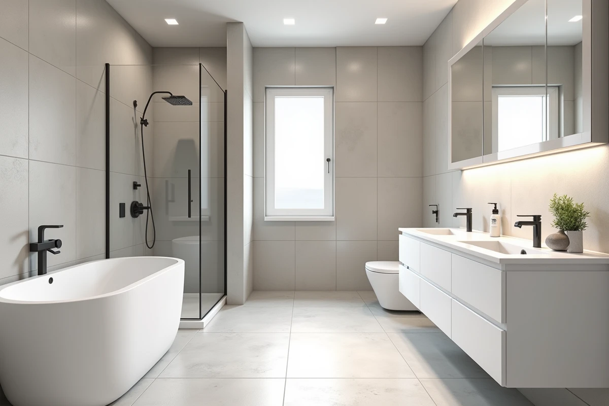 Grande salle de bain familiale de 9 m² avec baignoire, douche séparée et double vasque conforme aux normes 2026